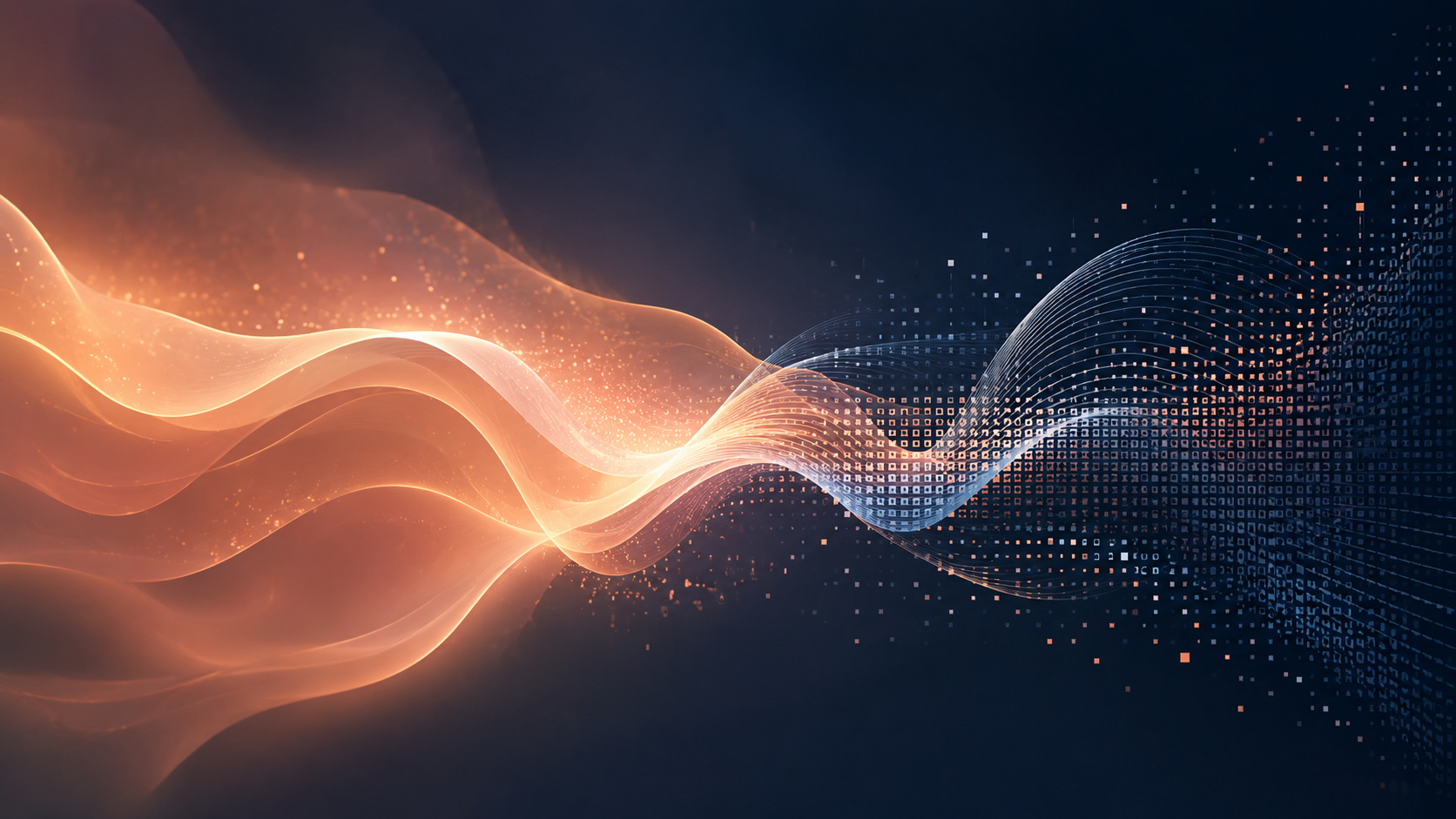 Abstract visualization of flowing digital waves in orange and blue, representing connection, dialogue, and the meeting of human and artificial intelligence.