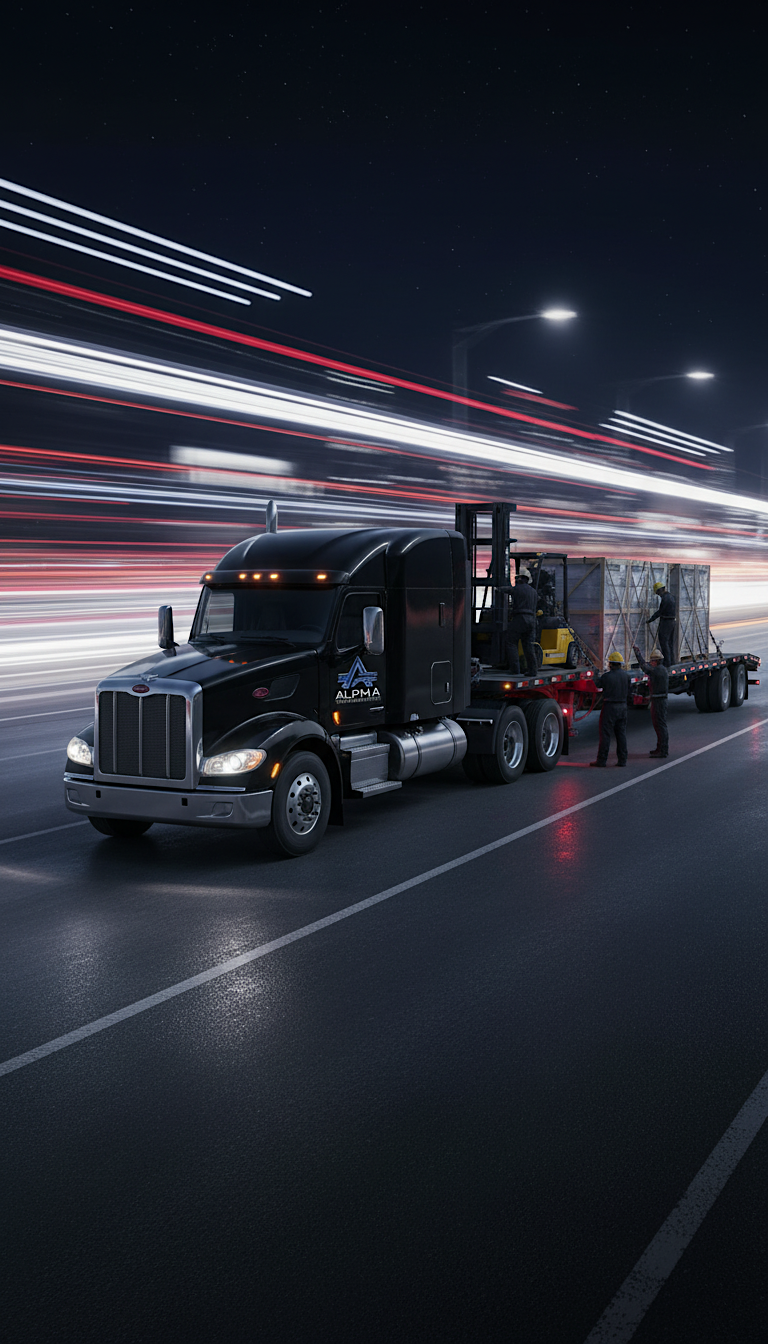 Nighttime scene with a black semi-truck hauling a large cargo container on a highway. Long exposure creates streaks of light from moving vehicles and stars in the sky.