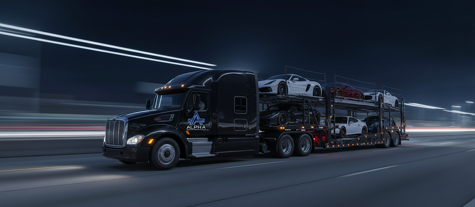 Black semi-truck carrying multiple sports cars in a futuristic city at night.