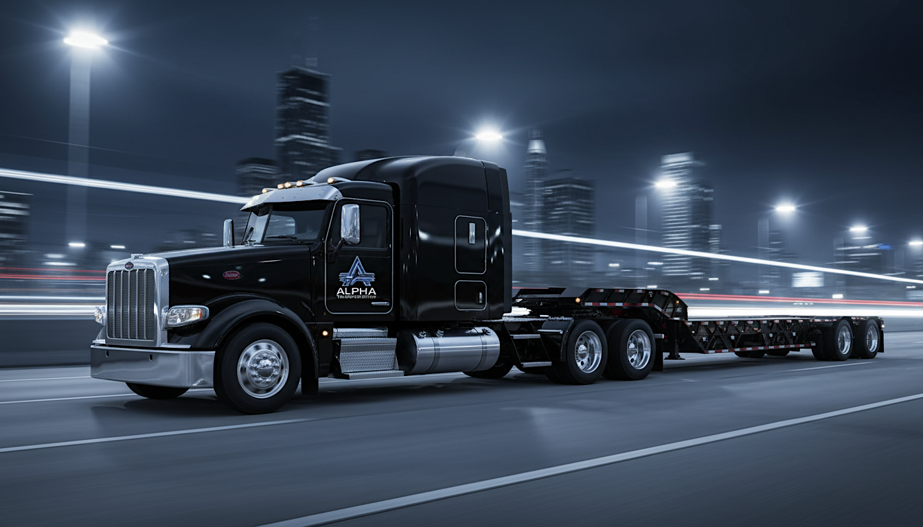 Nighttime city scene with a black semi-truck moving on a highway, headlights on, with blurred city skyline and streetlights in the background.