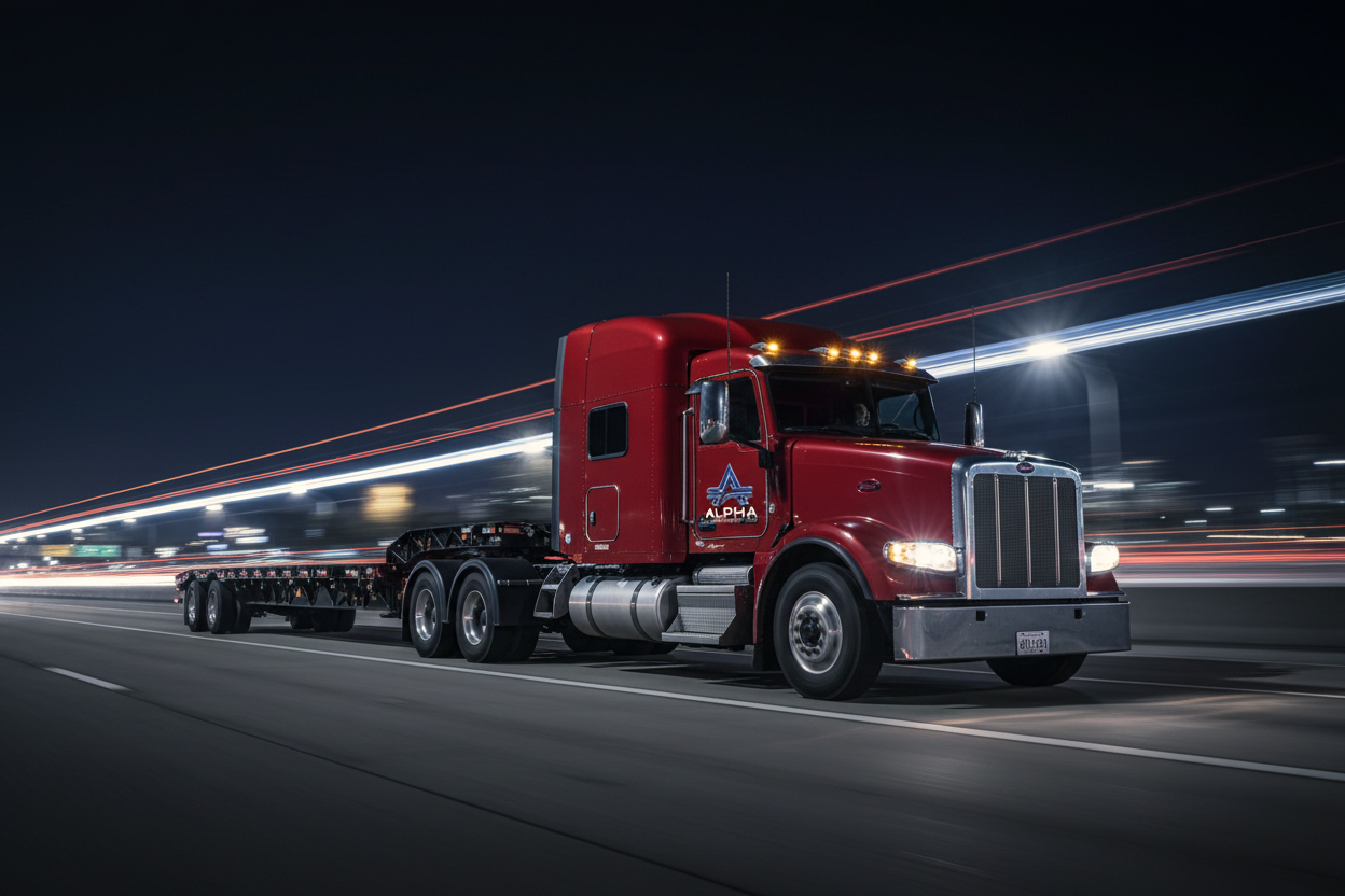Red semi-truck with a logo on the door, driving at night on a highway with light trails from other vehicles in motion.