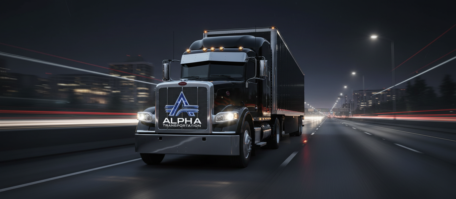 Black semi-truck with a logo reading Alpha Transportation driving on a highway at night with city lights in the background.