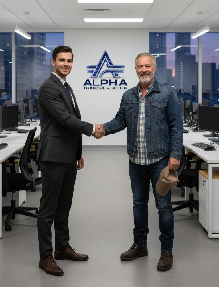 Two men shaking hands in an office ALPHA TRANSPORTATION