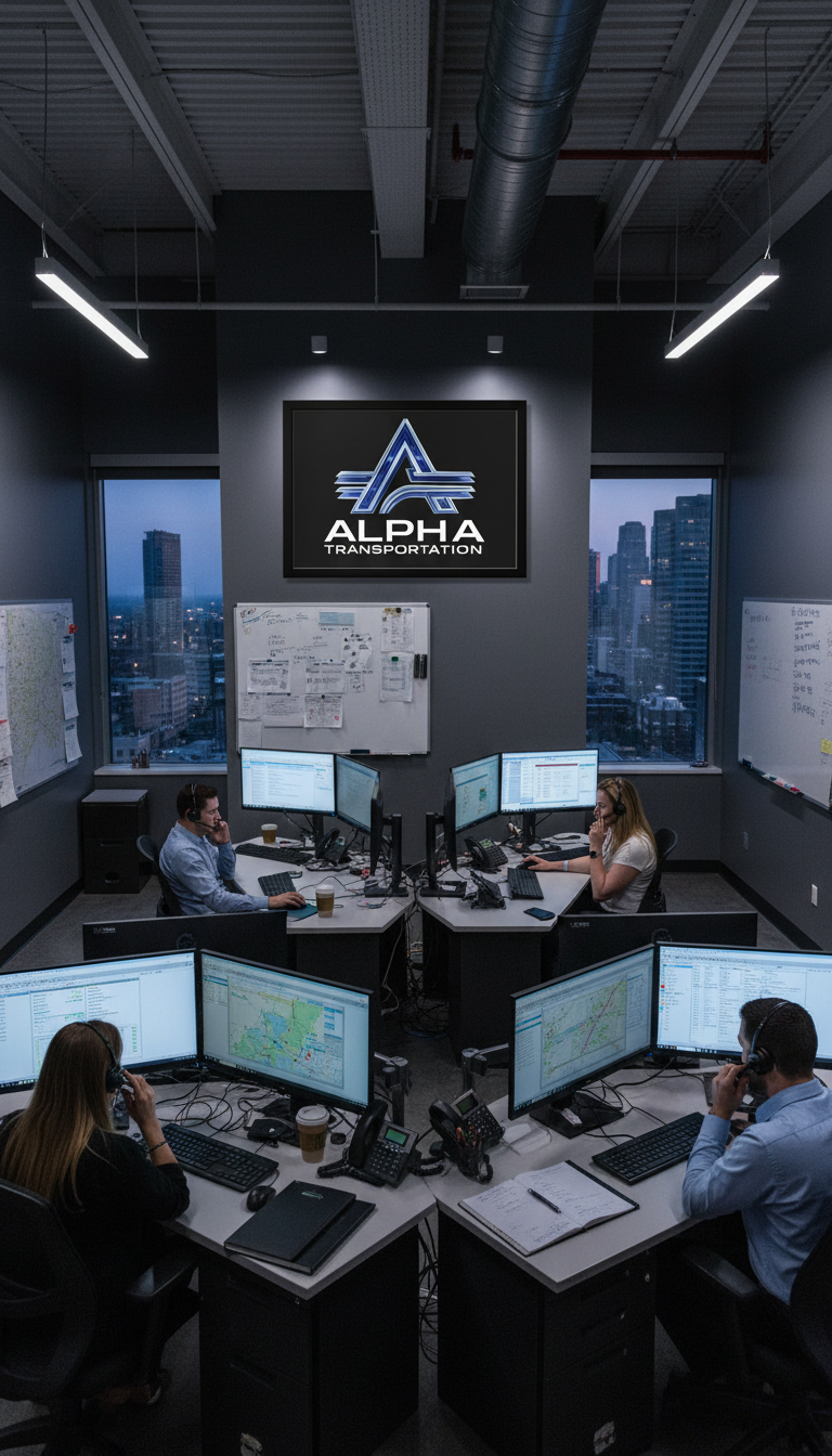 An office with five workers sitting at desks with multiple computer monitors, whiteboards, and maps. A large screen on the back wall displays the Alpha Transportation logo. The office has large windows showing city skyscrapers and a dusk sky.