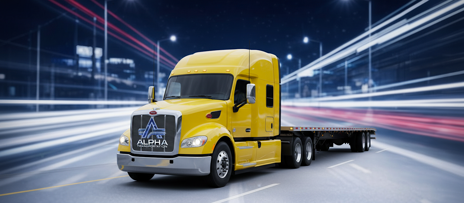 A yellow semi-truck driving on a city street at night with light trails in the background.