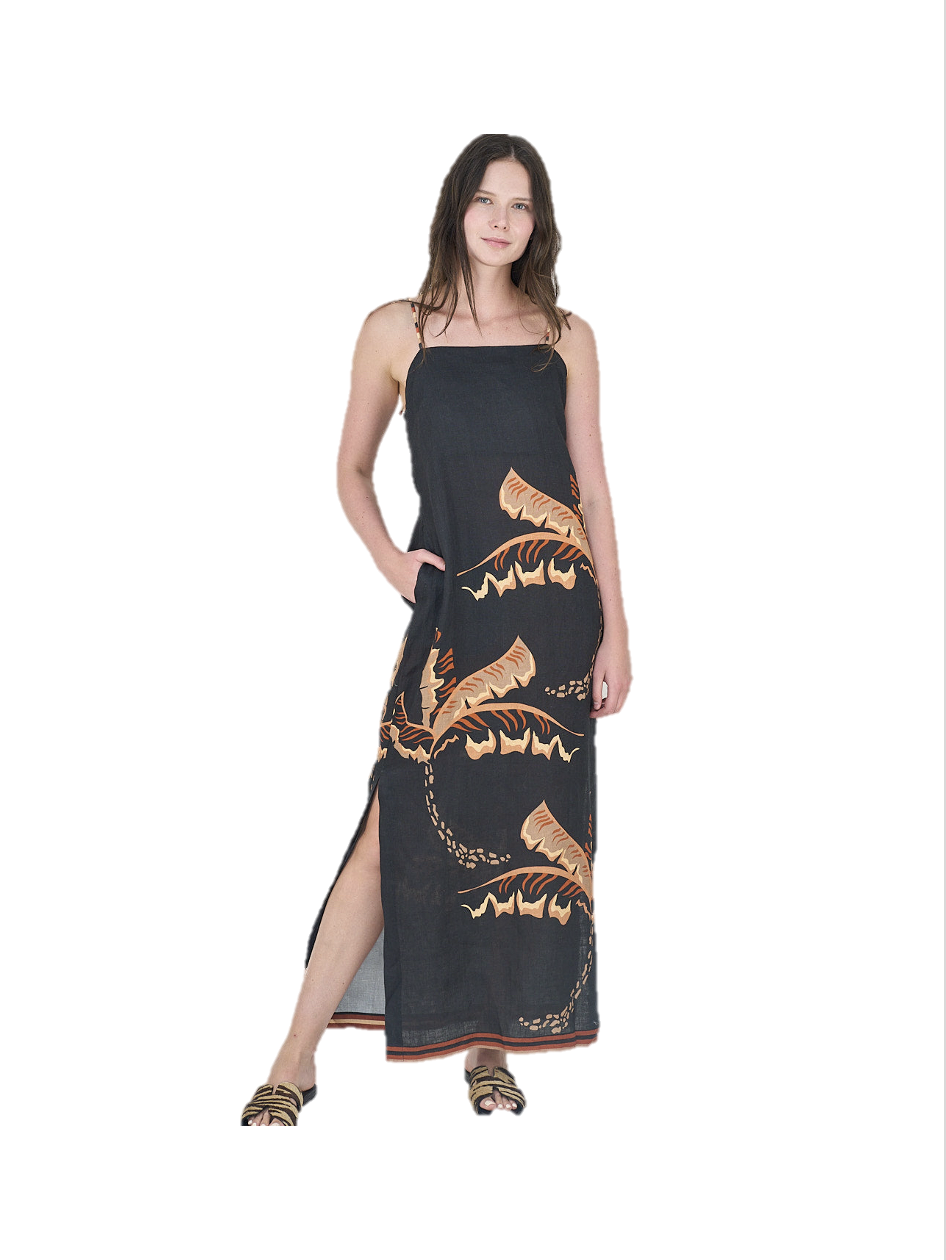 Long Dress Bali Tiger Palms Black