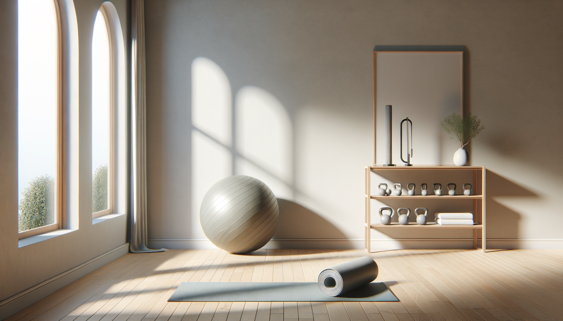 A serene yoga room with large arched windows, sunlight casting shadows on the light wood floor, a yoga mat with a rolled-up towel, a large exercise ball, and a wooden shelf holding kettlebells, a framed mirror, a plant in a white vase, and fitness equipment.