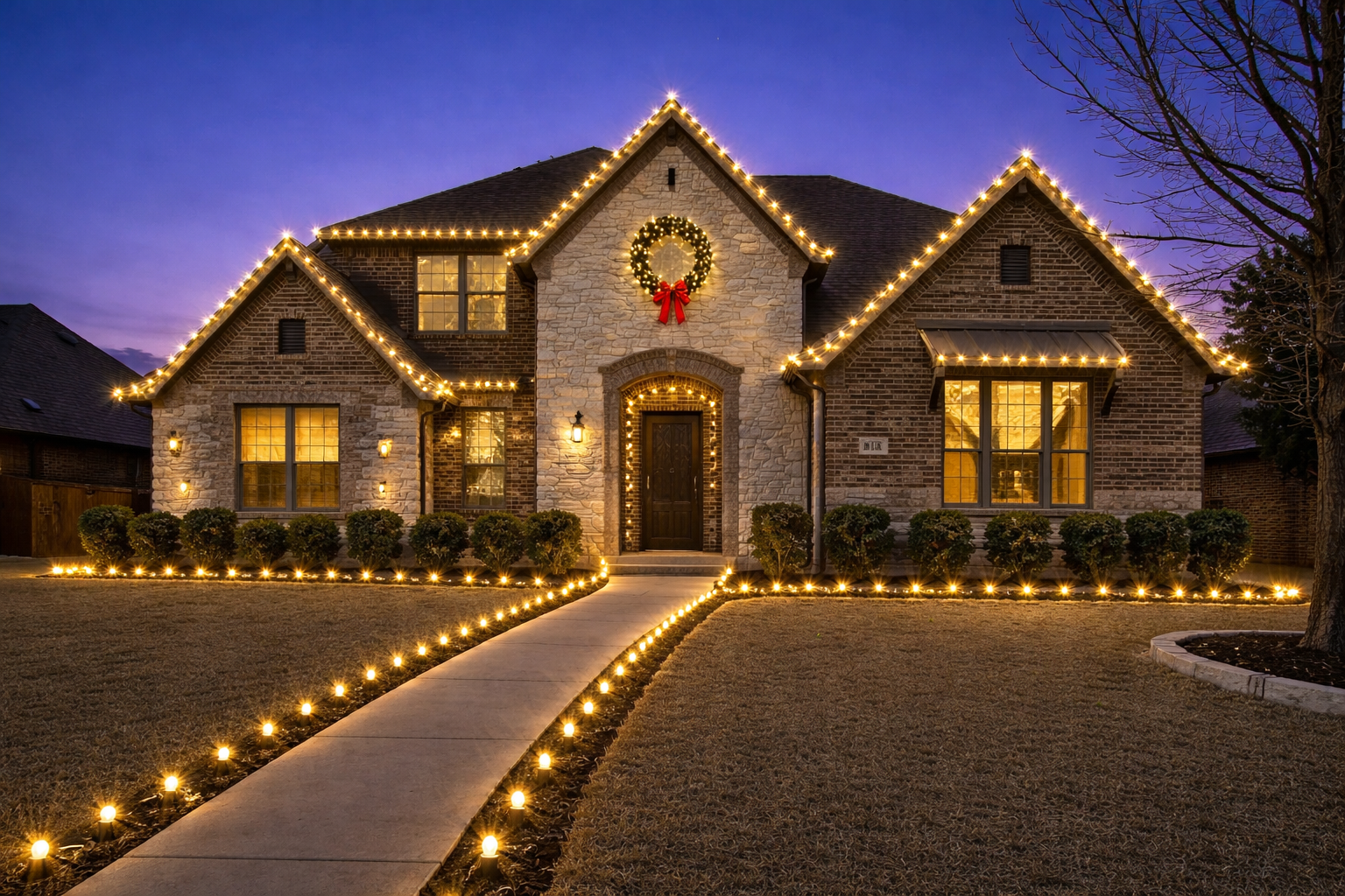 A decorated house with Christmas lights and wreath, illuminated at dusk, with a sidewalk lined with lights, bushes, a tree, and a well-maintained lawn.
