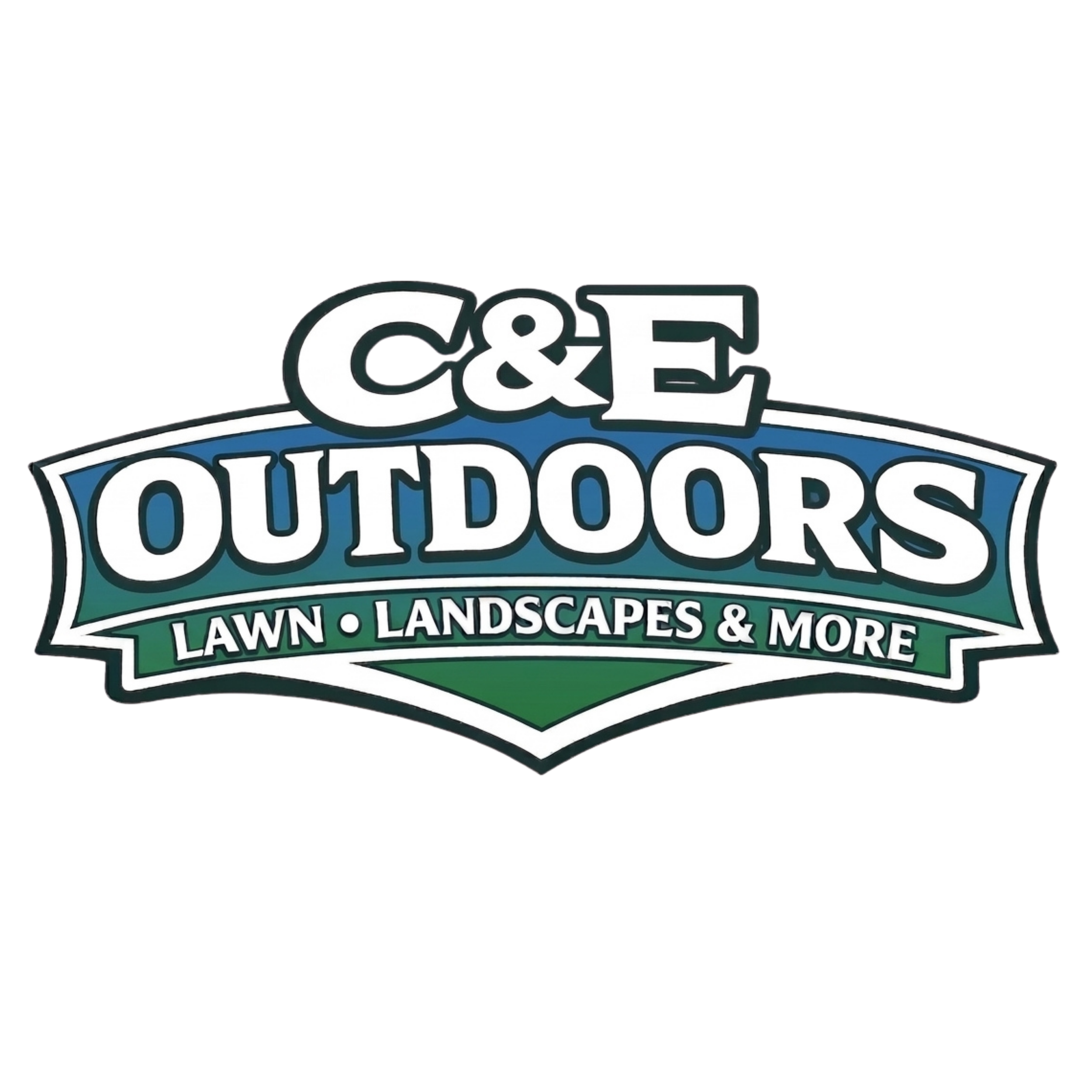 C&E Outdoors logo, featuring bold text with a blue and green color scheme, promoting lawn, landscapes, and outdoor services.