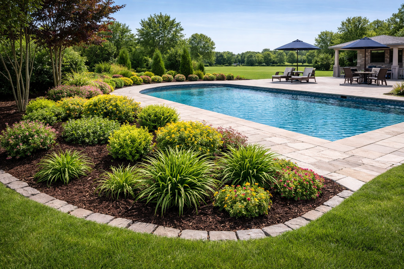 A backyard with a swimming pool surrounded by a stone deck, patio furniture with umbrellas, neighboring house, lush green grass, and landscaped plants and trees.
