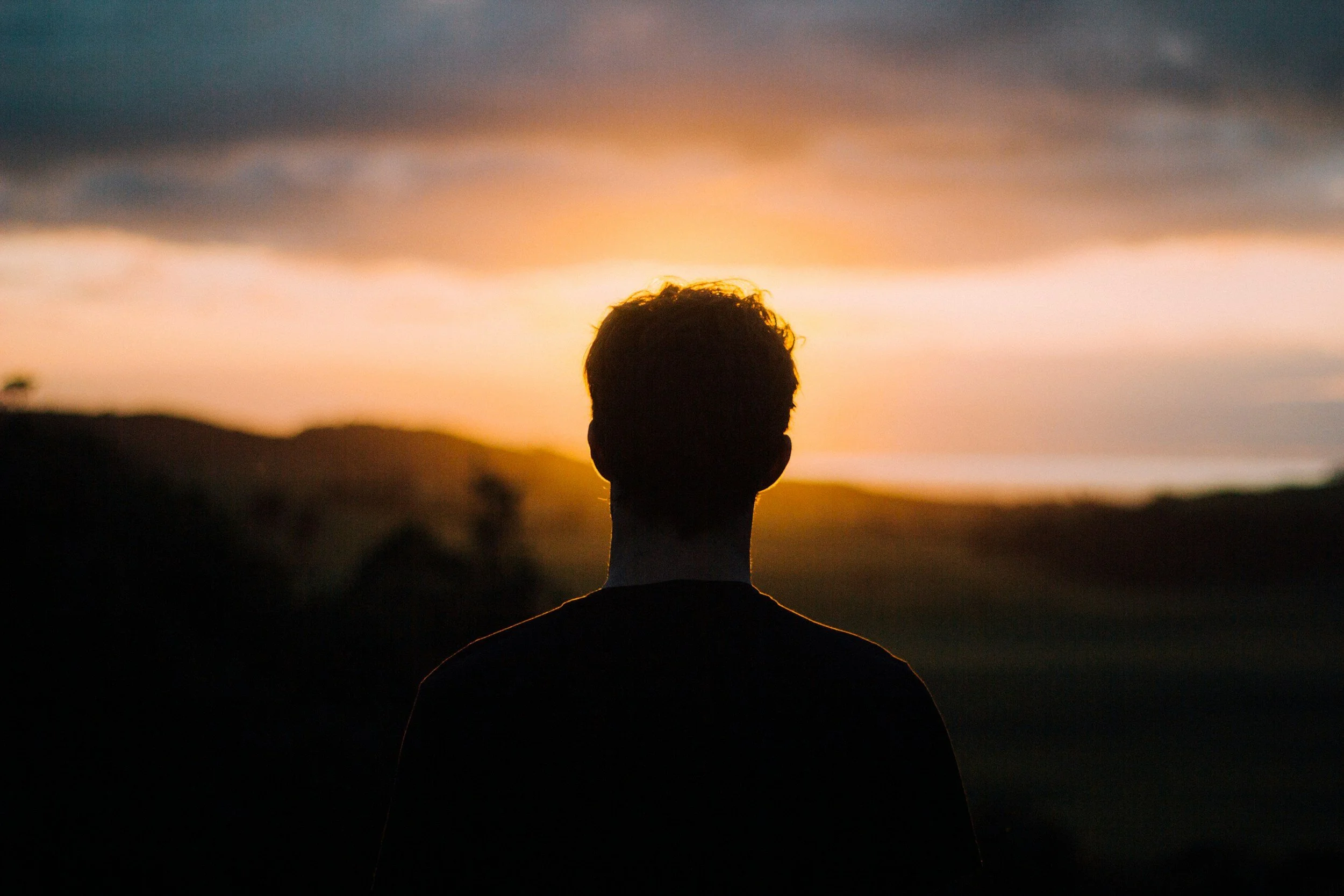 Silhouette of a person with curly hair facing a sunset or sunrise sky with dark clouds, on a landscape with hills or mountains in the distance.