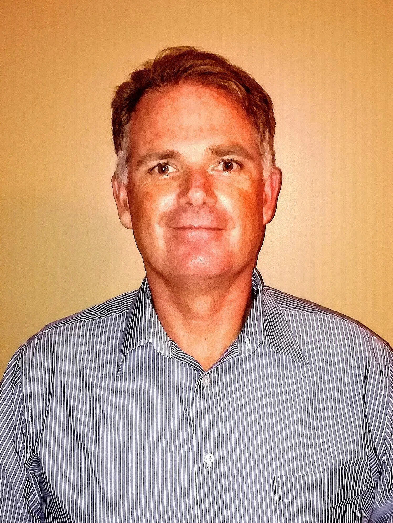 A man with short brown hair, wearing a striped dress shirt, smiling slightly against a plain beige background.