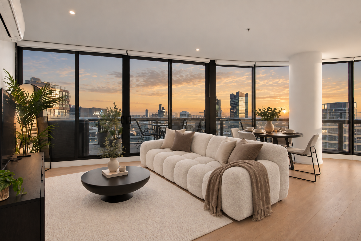 Modern living room with large floor-to-ceiling windows showing a cityscape at sunset, white textured sofa, round black coffee table with books and a bottle, plush beige rug, potted plants, and a dining table with chairs in the background.