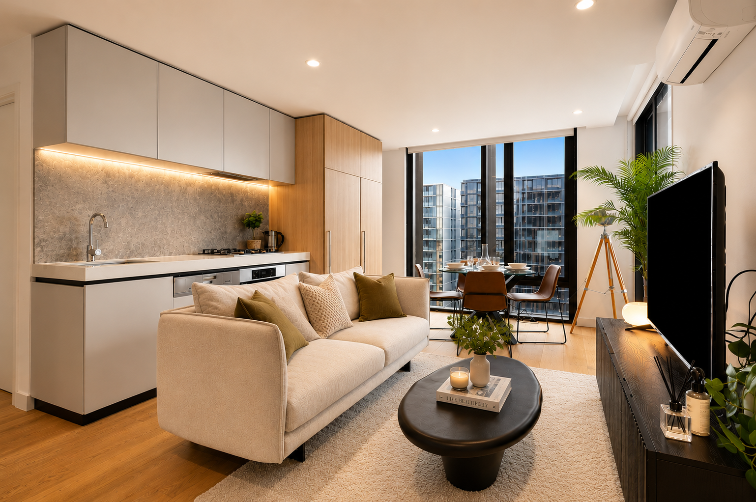 Modern living room and kitchen with beige sofa, black coffee table, television, dining table with four chairs, large windows showing city buildings, potted plants, and wooden flooring.
