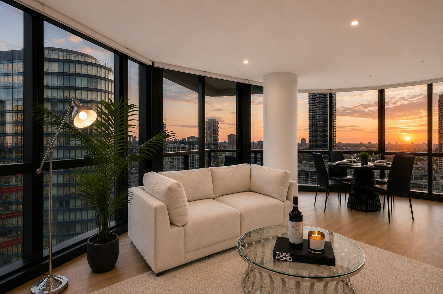 Modern living room with large floor-to-ceiling windows, white sofa, glass coffee table with pink flowers, potted plant, dining area with black chairs, and city skyline view