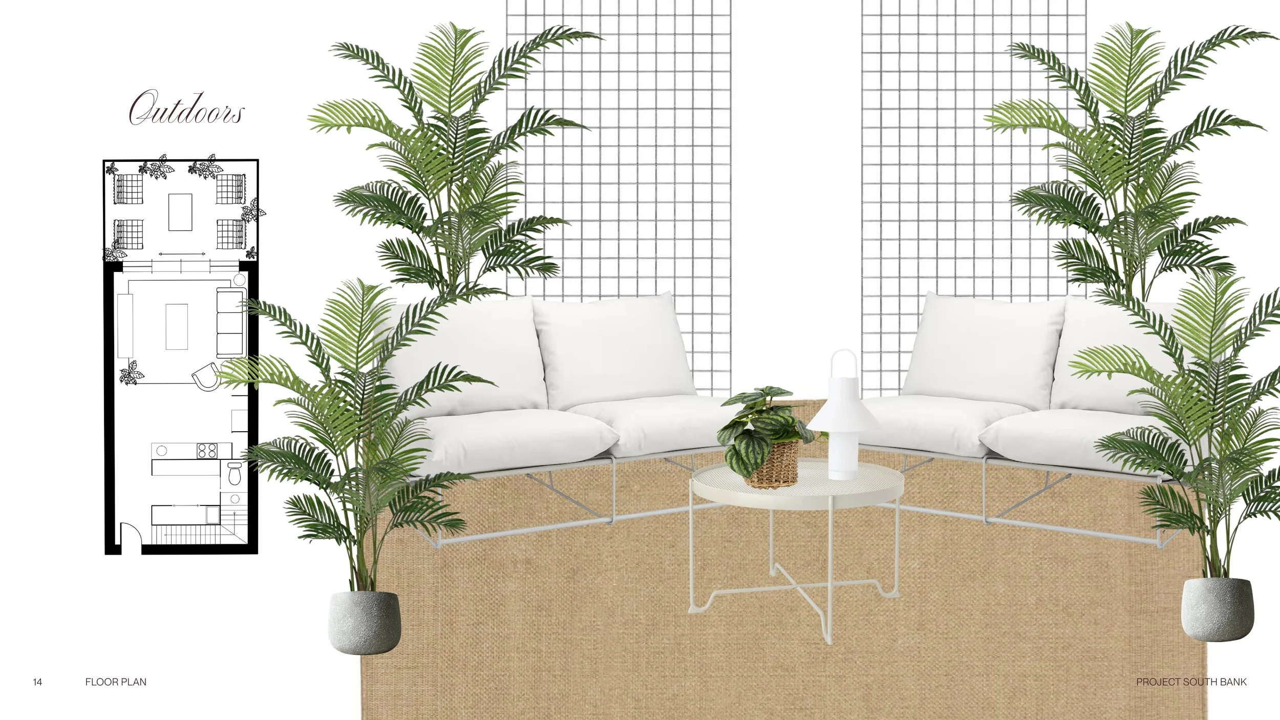Living room with white couches, tall green plants in pots, a small white coffee table with decorative items, and a grid-patterned wall. Floor plan diagram on the left.