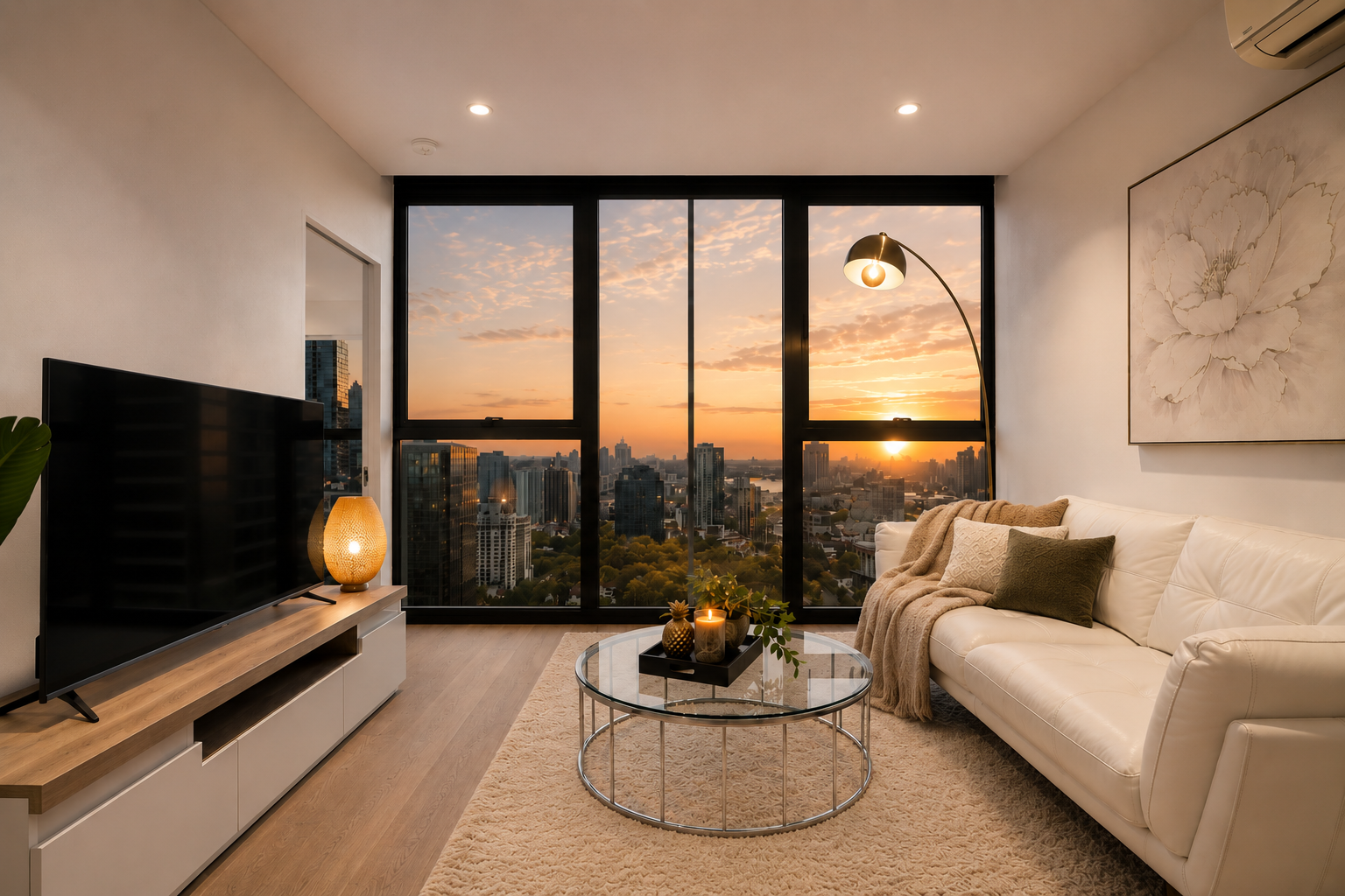Modern living room with large floor-to-ceiling windows showing a cityscape and sunset. Features a white sofa with brown blanket and beige pillow, a glass coffee table with decorative items, a TV on a wooden stand with a lamp, and a tall floor lamp. White walls with a large floral artwork.