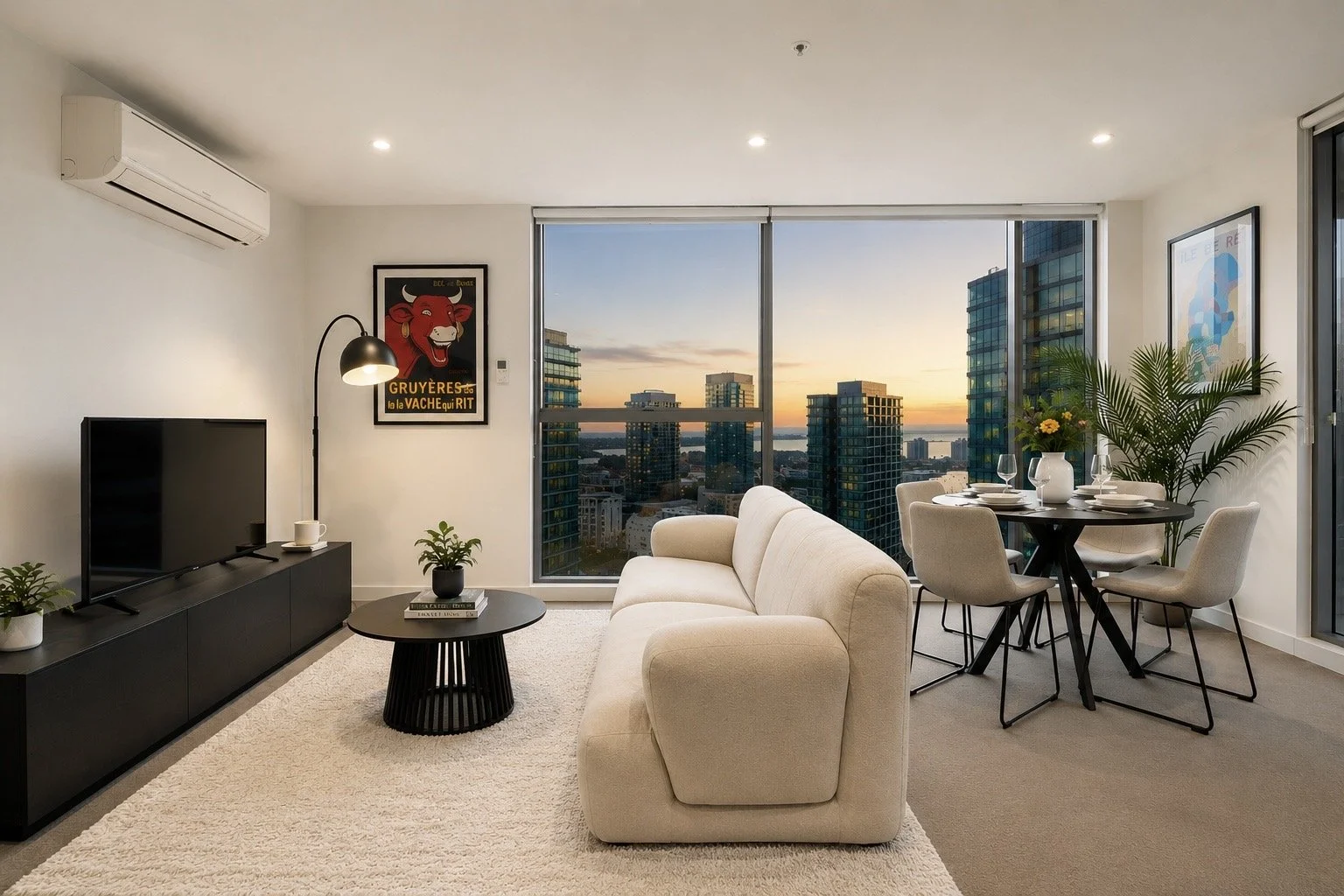 Living room with beige sofa, black TV stand, flat screen TV, round black coffee table, gray dining table with four chairs, large windows with city skyline at sunset, wall art, plants, and a textured rug.