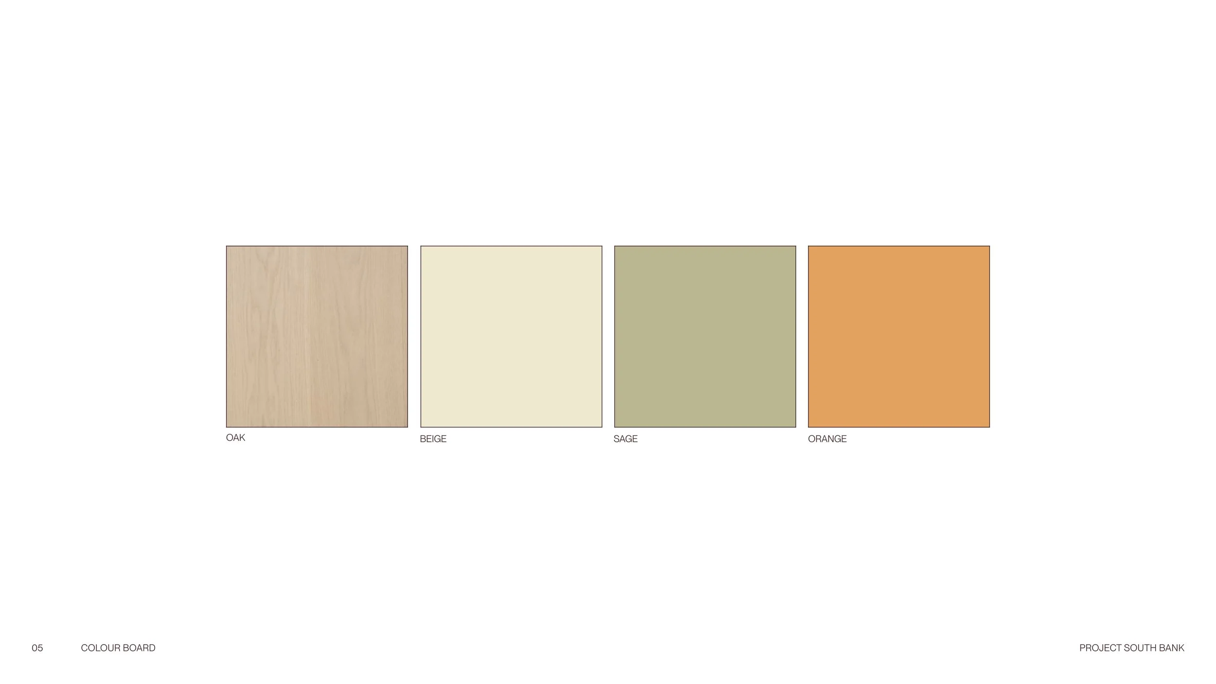 Color palette with four wooden color swatches labeled Oak, Beige, Sage, and Orange.
