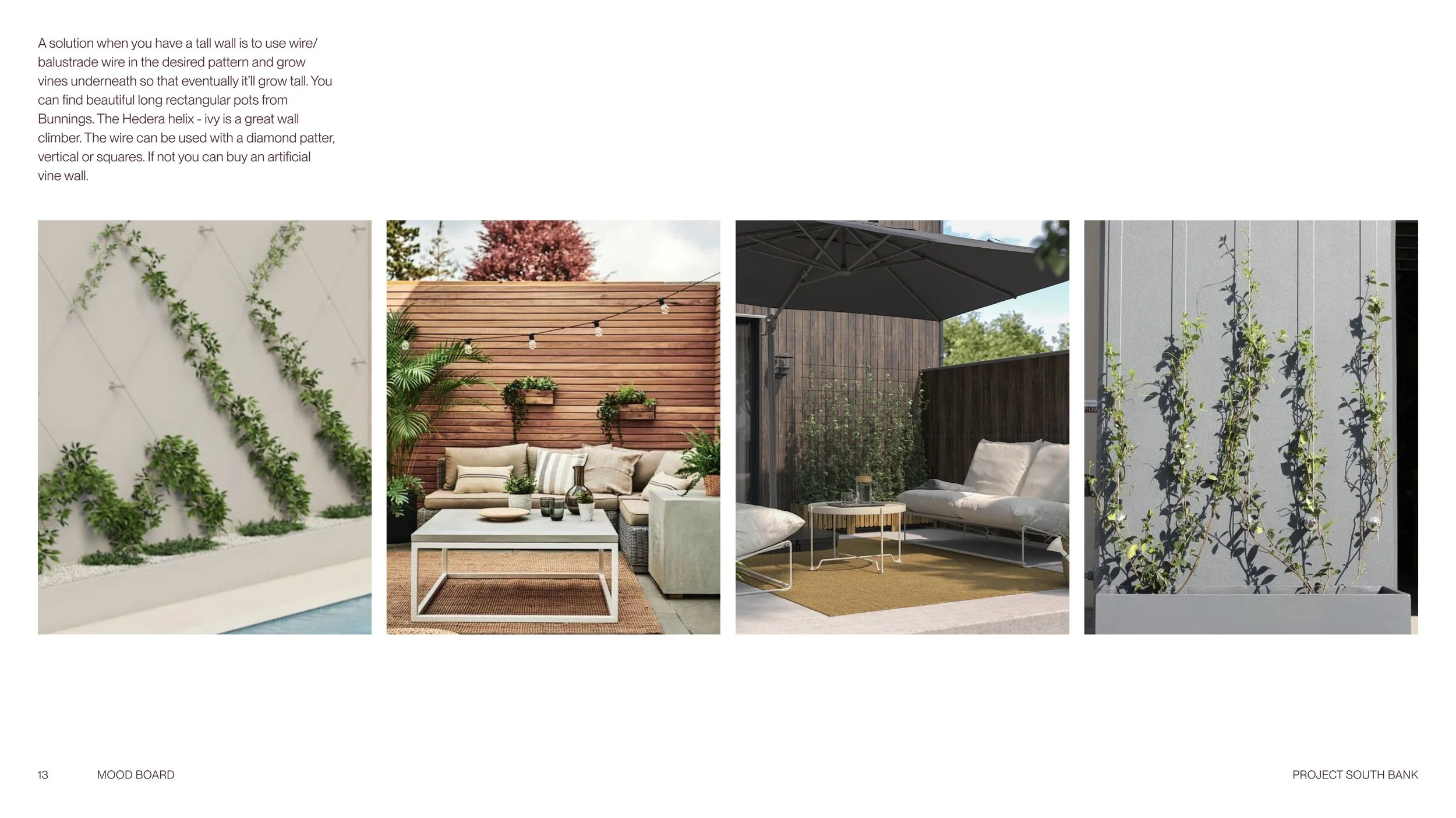 Series of four images showing different outdoor wall garden setups with plants climbing on walls and decor.