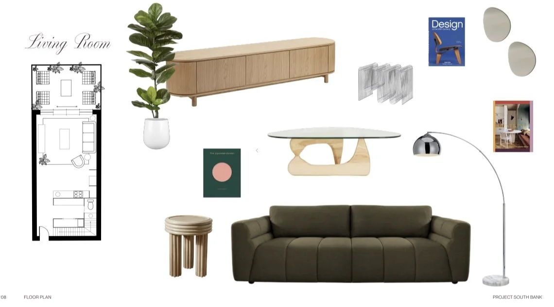 Interior design mood board featuring a living room layout with a sofa, wooden sideboard, abstract table, floor lamp, magazines, potted plant, and decorative items.