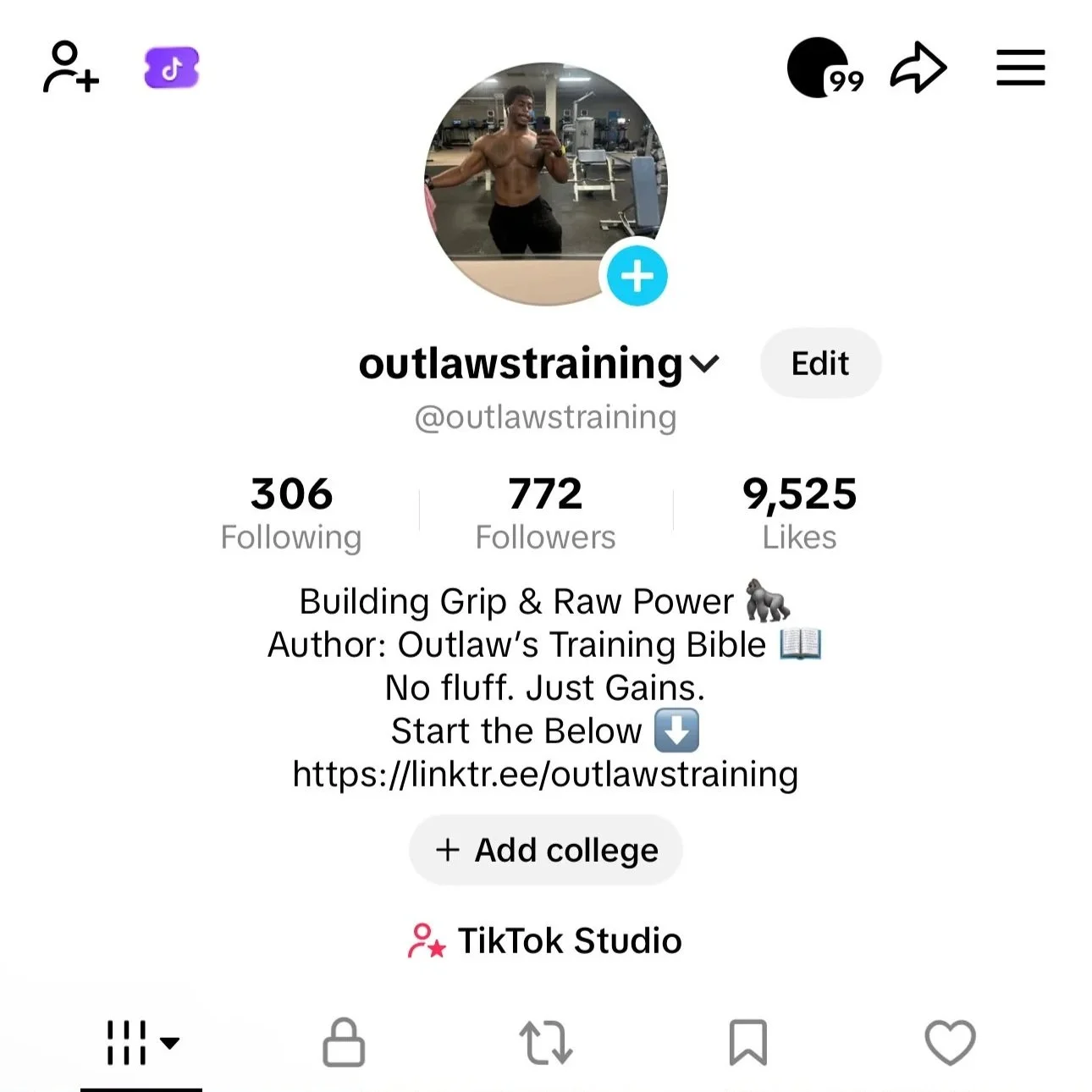 Twitter profile page for outlawstraining, featuring a profile picture of a muscular man taking a mirror selfie at the gym, with stats showing 306 following, 772 followers, and 9,525 likes. Bio includes a reference to building grip and raw power, author of 'Outlaw’s Training Bible,' and a link to outlawstraining.