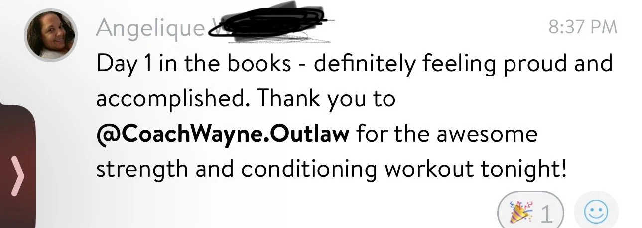 A screenshot of a message from Angelique expressing pride after completing Day 1 of a fitness or reading challenge, thanking CoachWayne.Outlaw for the workout.