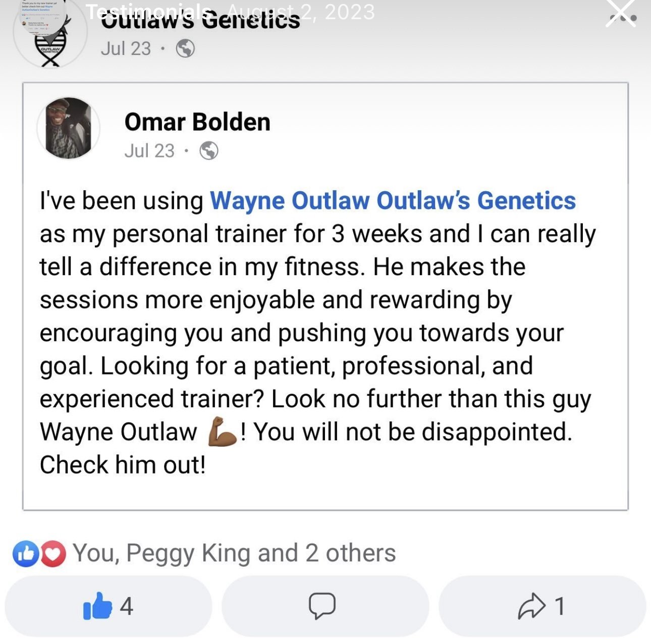 Facebook post with a testimonial from Omar Bolden praising Wayne Outlaw Outlaw's Genetics personal training services, highlighting improved fitness and motivation.