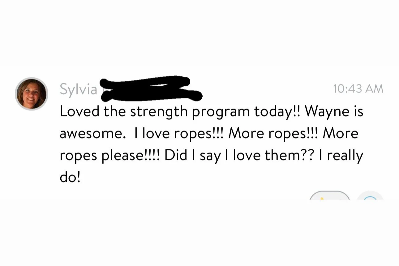 Screenshot of a text message from Sylvia expressing her enjoyment of a strength training program and her love for ropes.