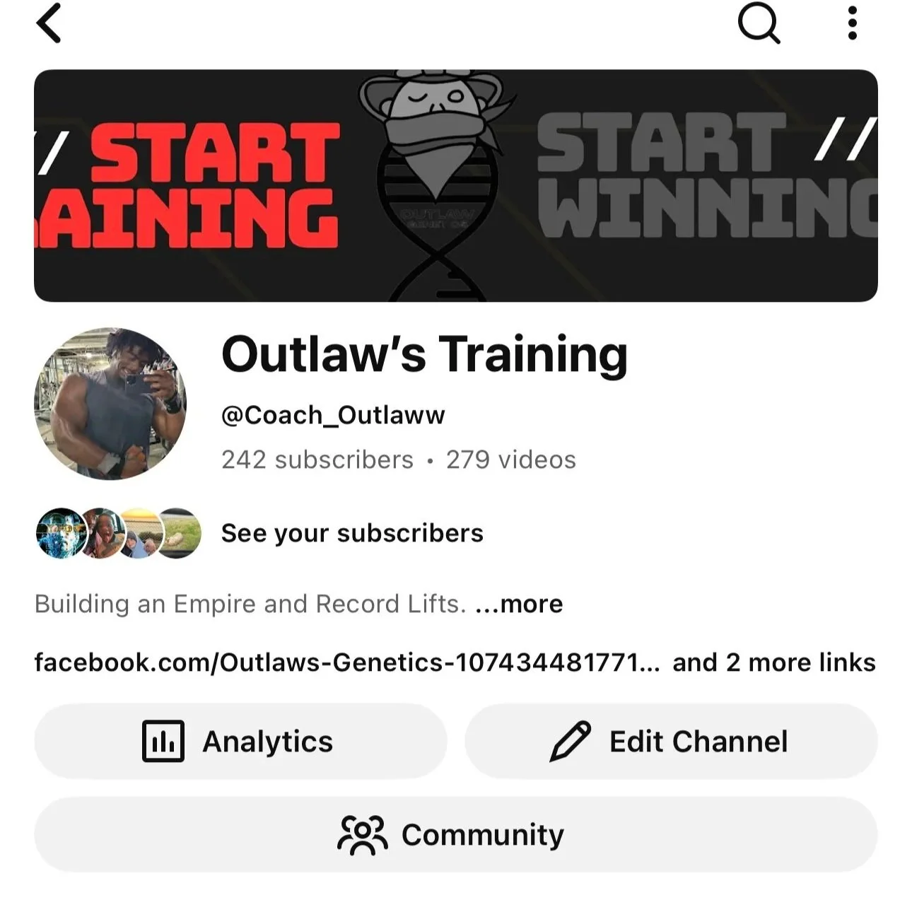 TikTok profile page for Outlaw's Training, with a black banner featuring text 'START TRAINING' in red and 'START WINNING' in gray, with a cartoon character in the middle. Profile picture shows a muscular man in gym attire taking a selfie.