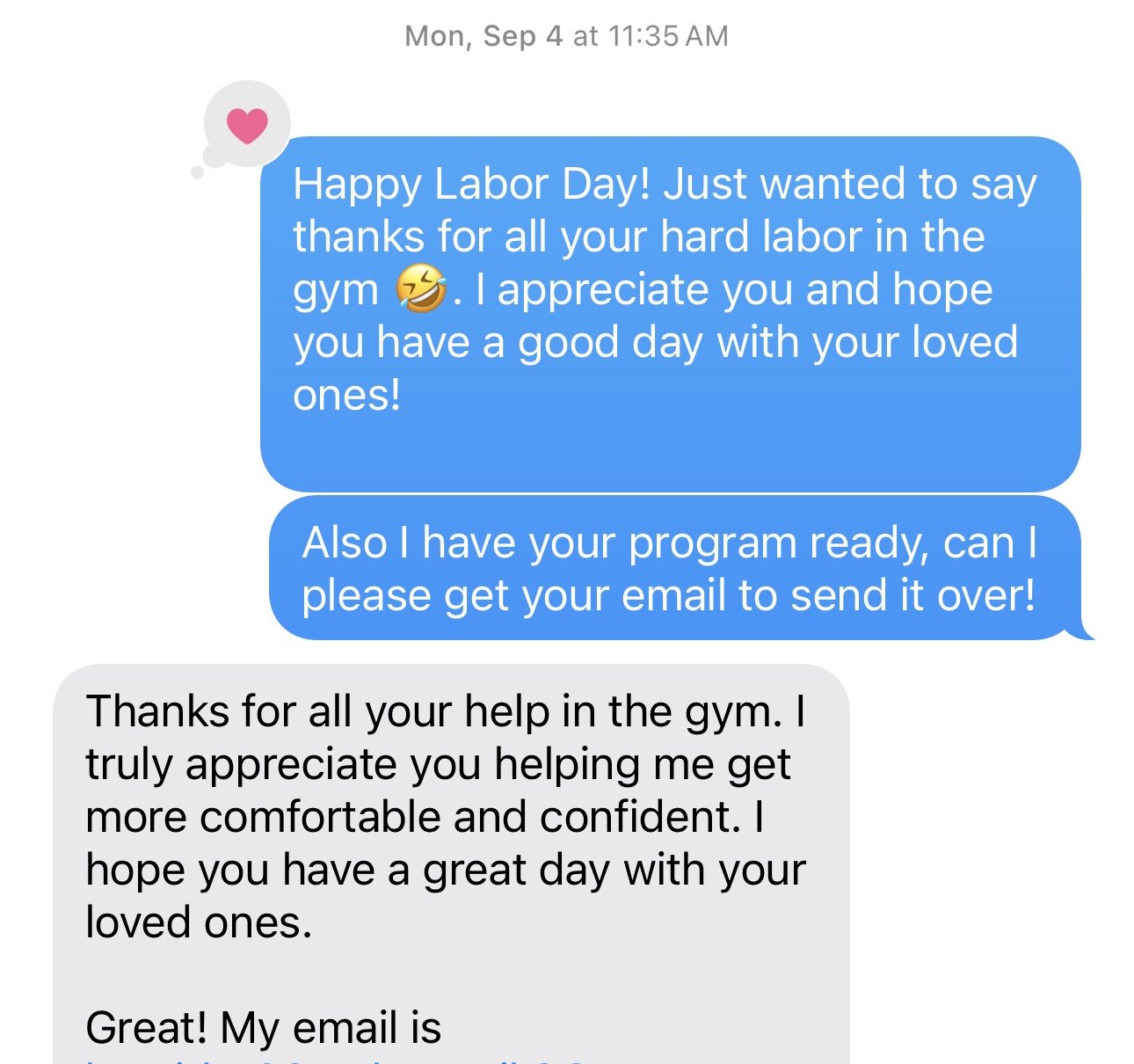 Text message conversation discussing Labor Day wishes, workout program readiness, and gratitude for gym help.