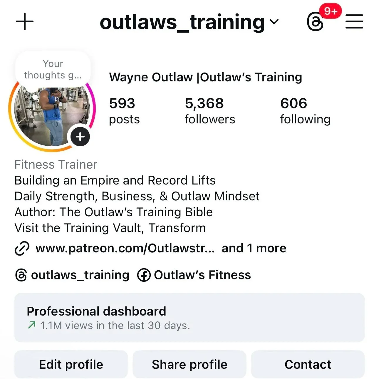 Instagram profile of Wayne Outlaw, a fitness trainer, showing his profile picture in a gym, follower count, and link to his Patreon page.
