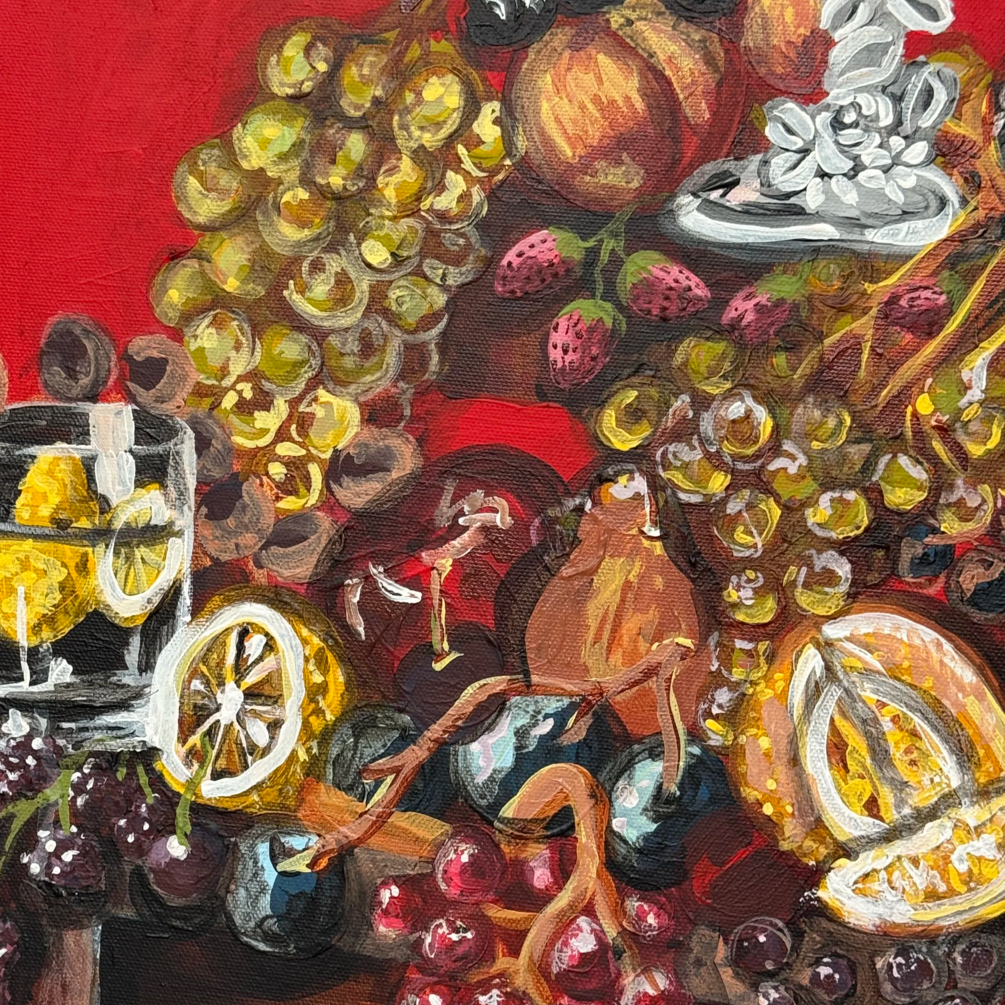 A still life painting of grapes, strawberries, blackberries, blueberries, a glass of dark beverages with lemon slices, a jar, a bowl of onions, and a decorative figurine on a red background.