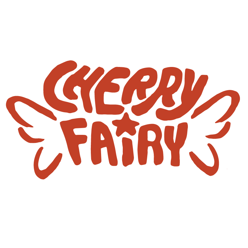 Stylized text reading 'Cherry Fairy' with decorative wings and a star in the middle, in a reddish-brown color.