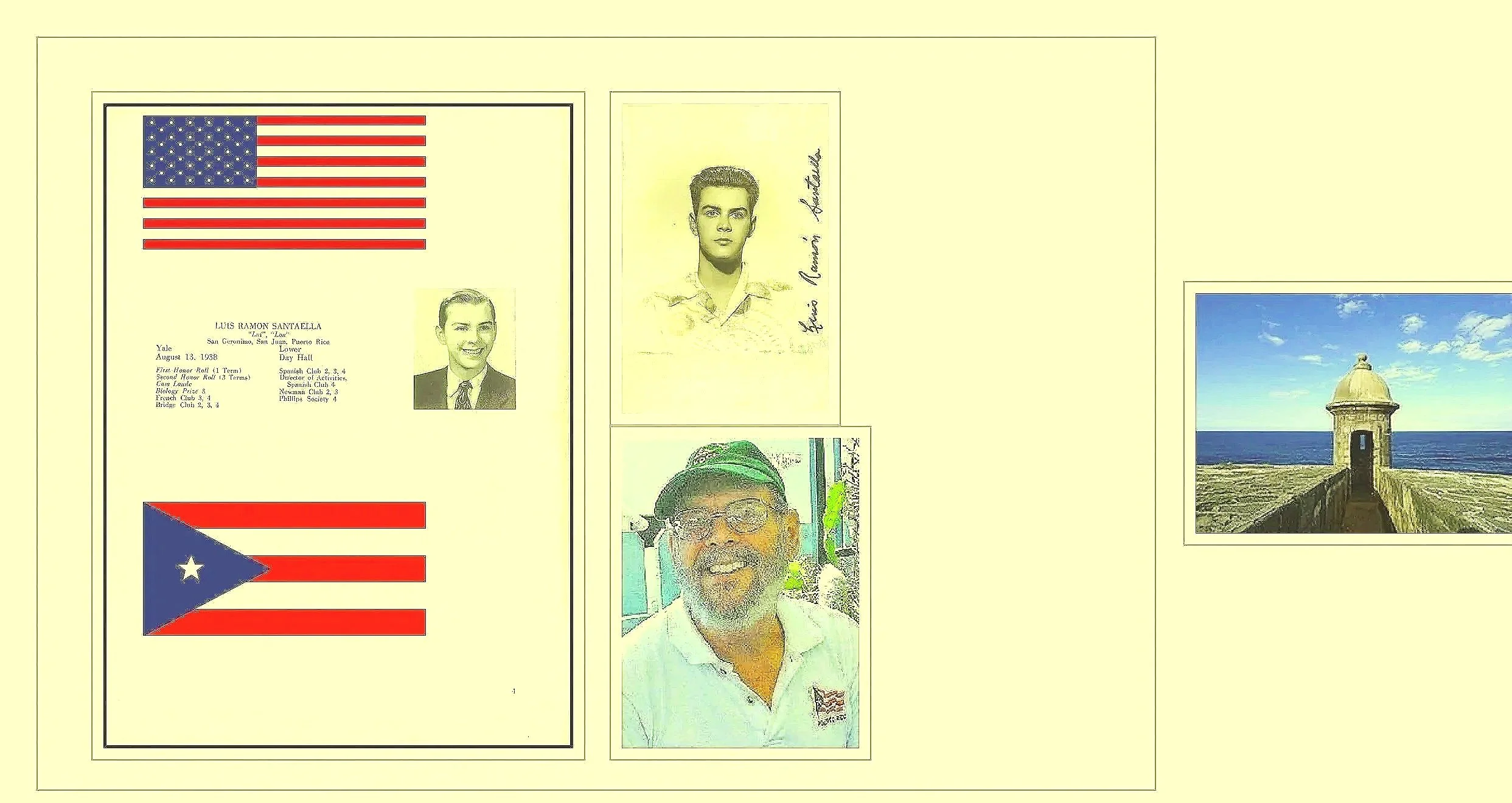 Composite image featuring two American flags, a document with a portrait and personal information, handwritten signature, and a smiling Luis Santaella wearing glasses and a white shirt, along with a photo of a seaside fort under a blue sky.