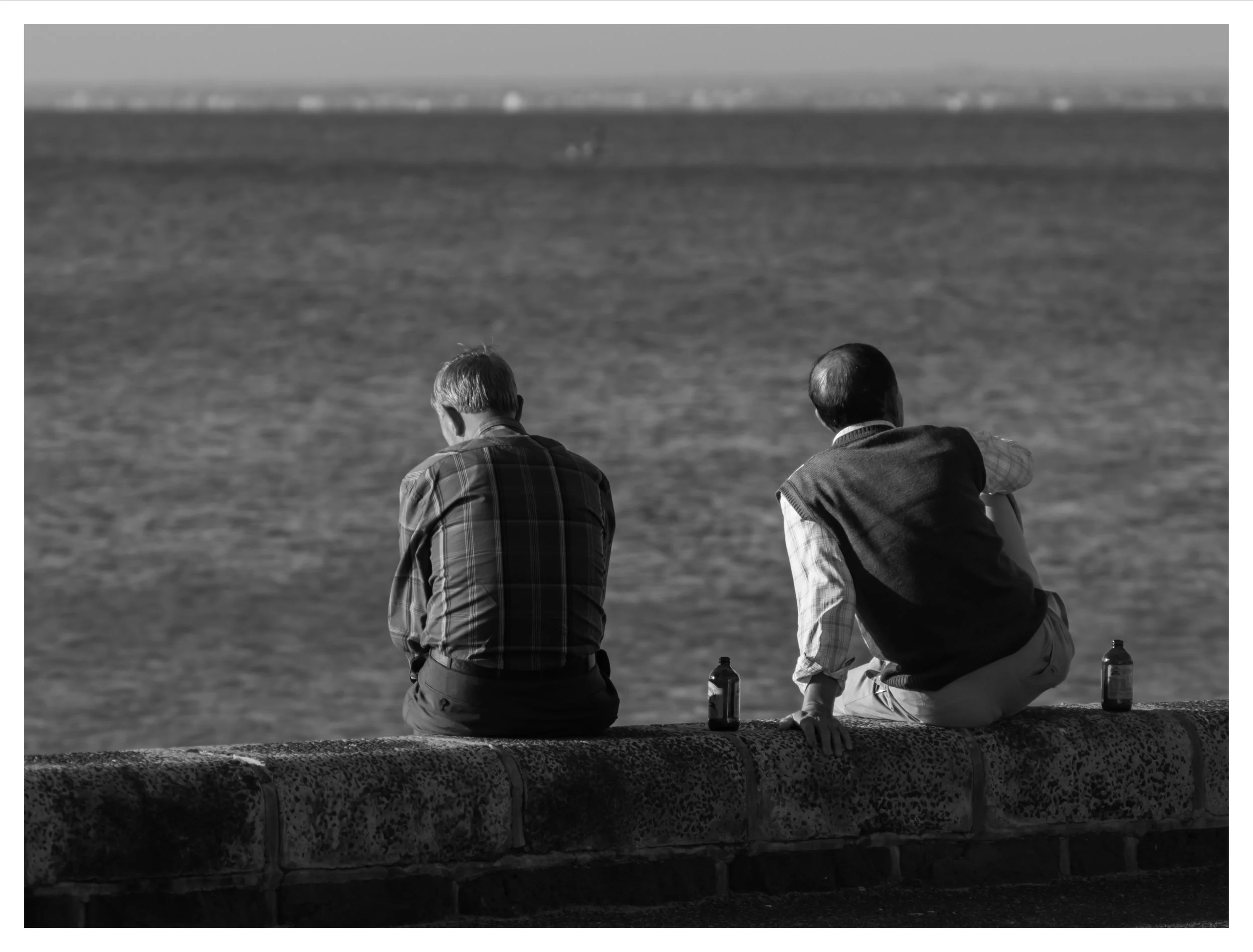 Two old friends sit on a stone ledge by the water, facing out to sea.