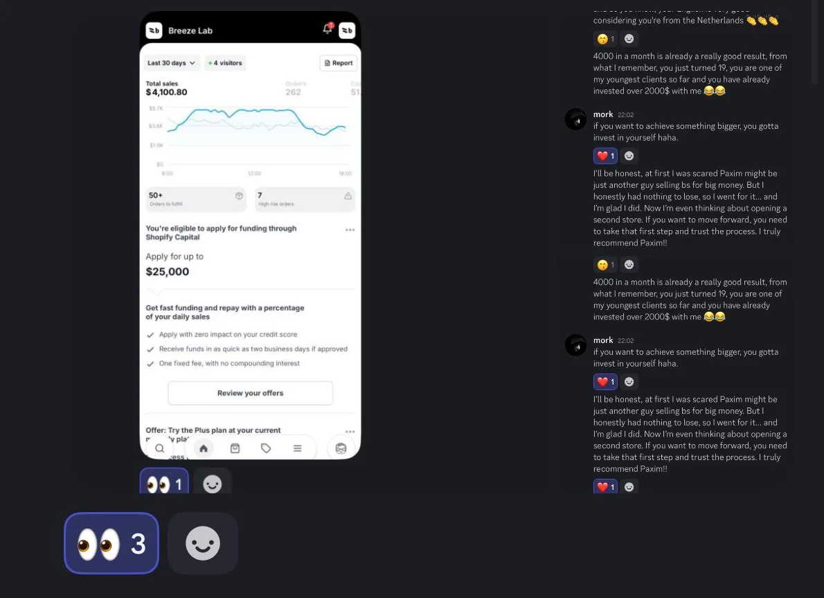 Screenshot of a Shopify dashboard showing 30-day sales data, with a total of $4,100.80, a line graph, and options for applying for funding, with the option to apply for up to $25,000.