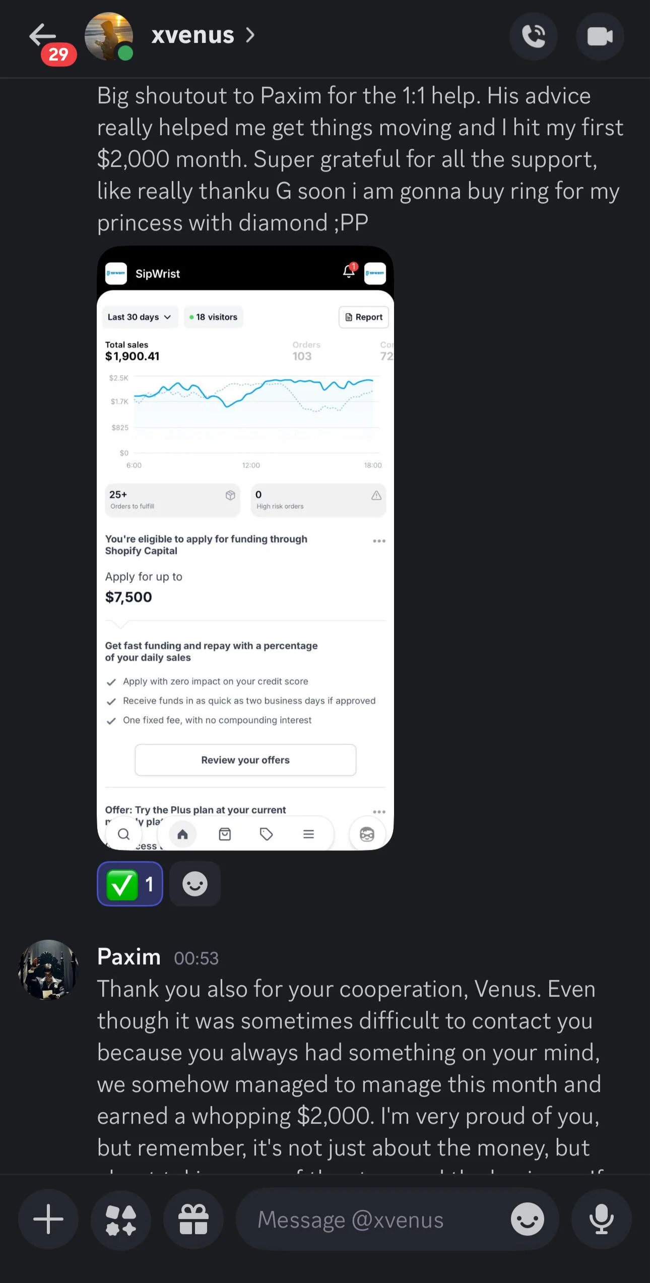 A screenshot of a chat conversation showing a mobile app displaying sales and funding information, with a focus on total sales of $1,900.41, a graph indicating sales trends, and a message about funding eligibility of up to $7,500 through Shopify Capital.