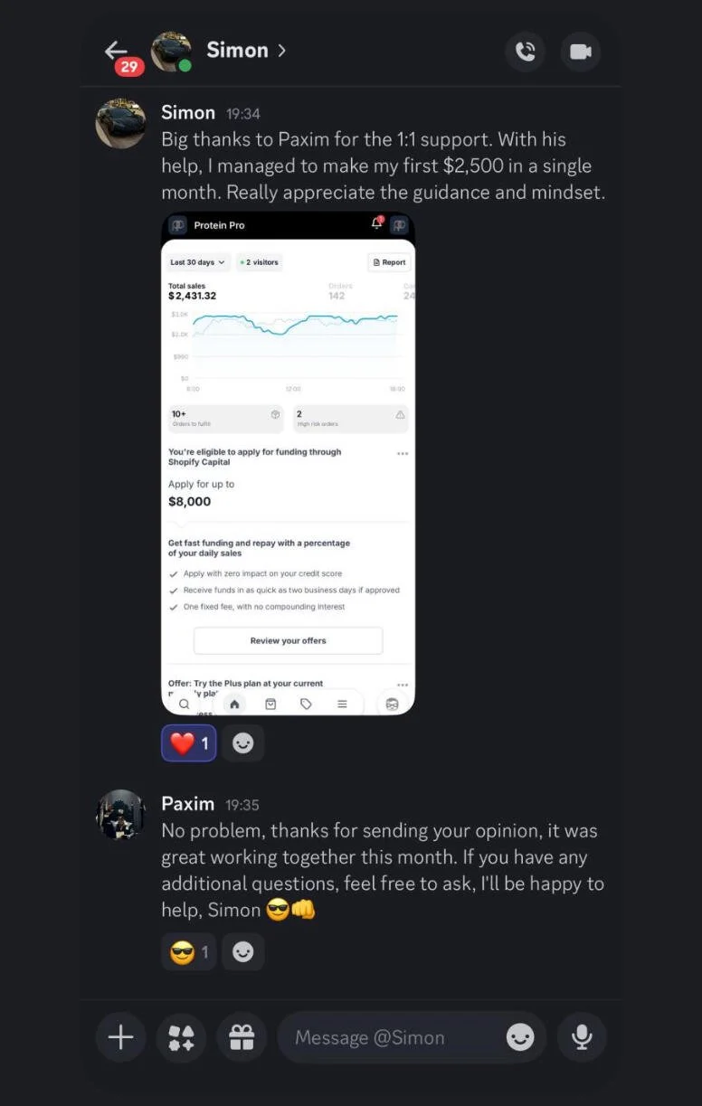 Screenshot of a Facebook Messenger conversation between Simon and Paxim, where Simon shares a screenshot of his Shopify sales dashboard showing $2,431.32 in total sales and a message of thanks for support, followed by Paxim's reply expressing appreciation for working together and offering assistance.