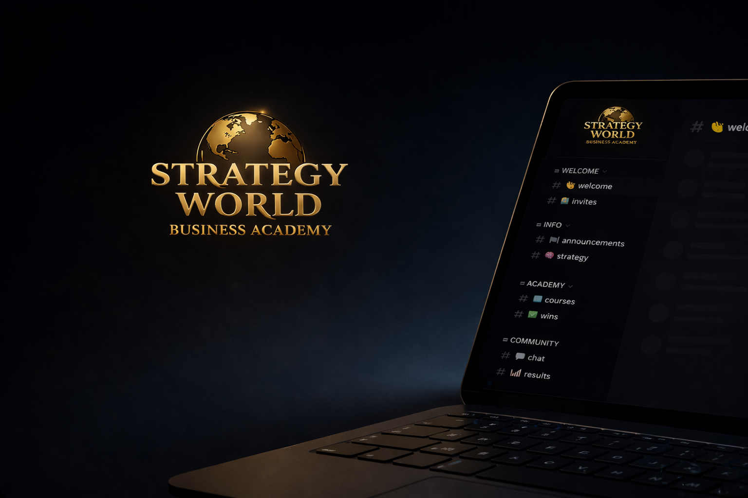 Dark background with a gold logo of a globe and the text 'Strategy World Business Academy,' with a partially visible laptop screen displaying a dark-themed interface with categories and icons.