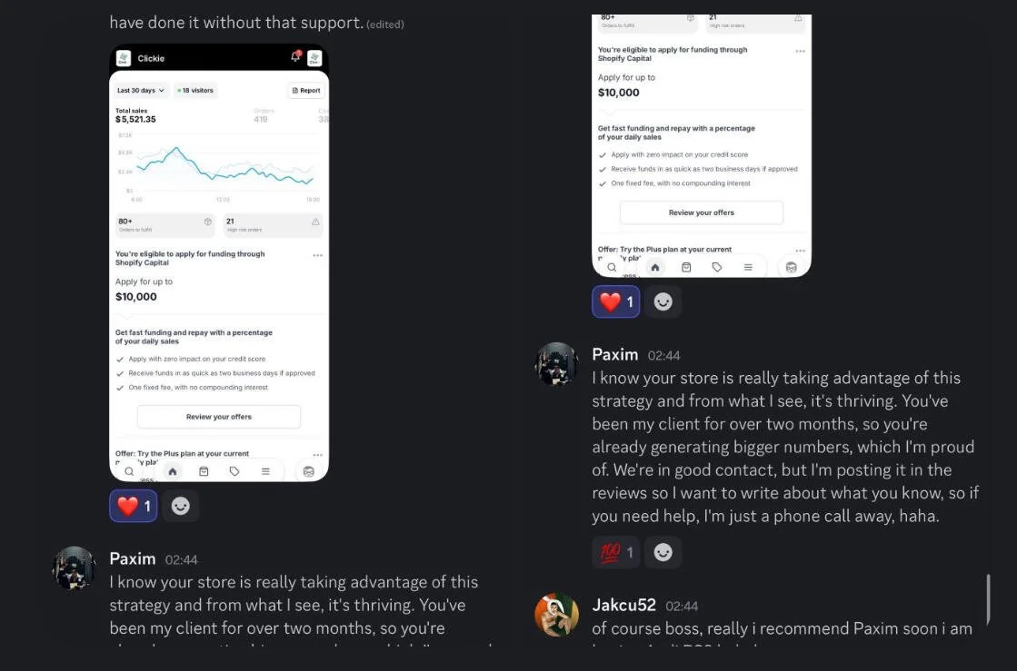 Screenshot of a chat conversation discussing a store's successful business strategy, including two images of a Shopify dashboard showing sales data and funding options, with messages from two users praising the store's growth.