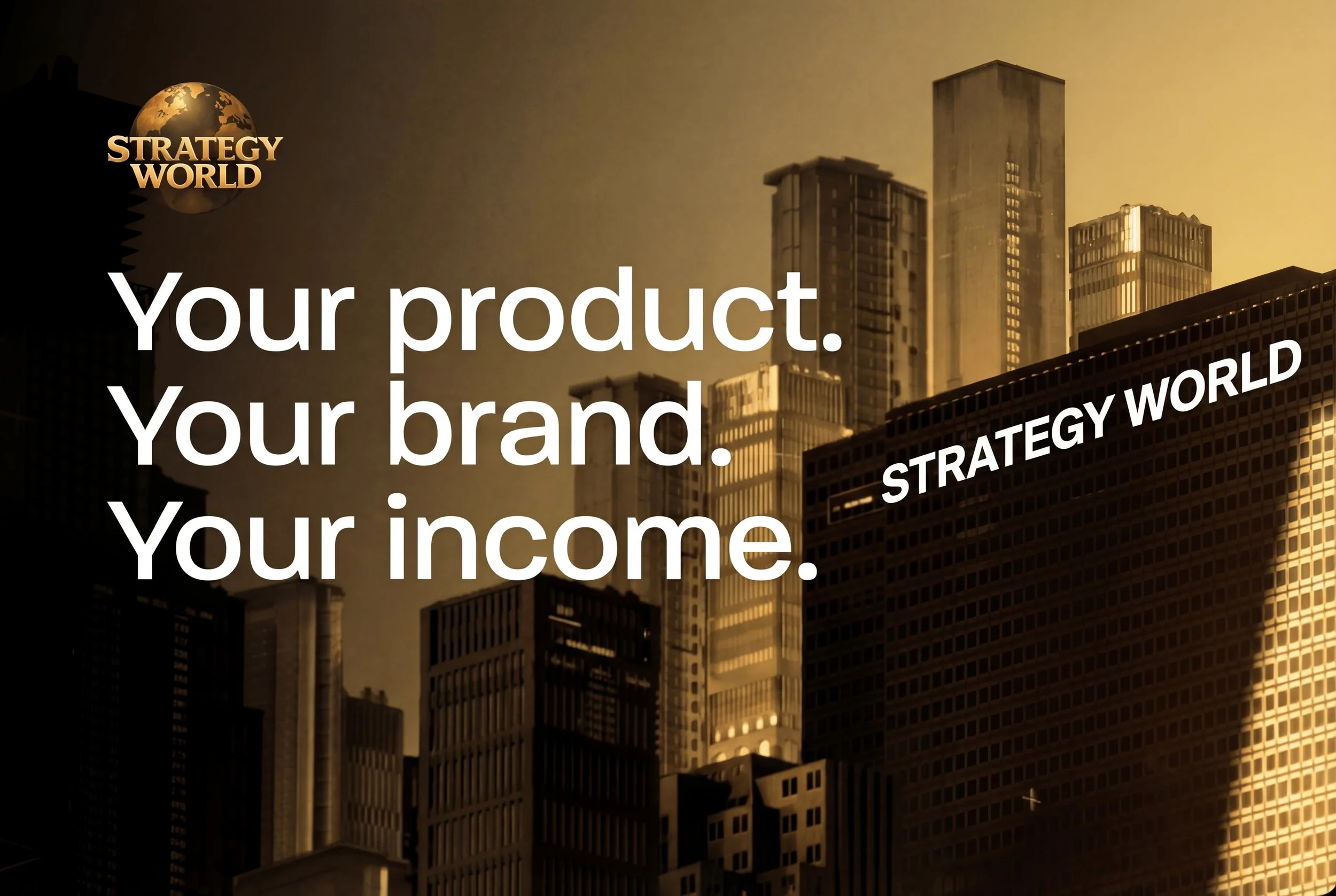 cityscape of tall modern skyscrapers with reflections, overlaid with the text 'Your product. Your brand. Your income.' and a logo reading 'Strategy World' in the top left corner.