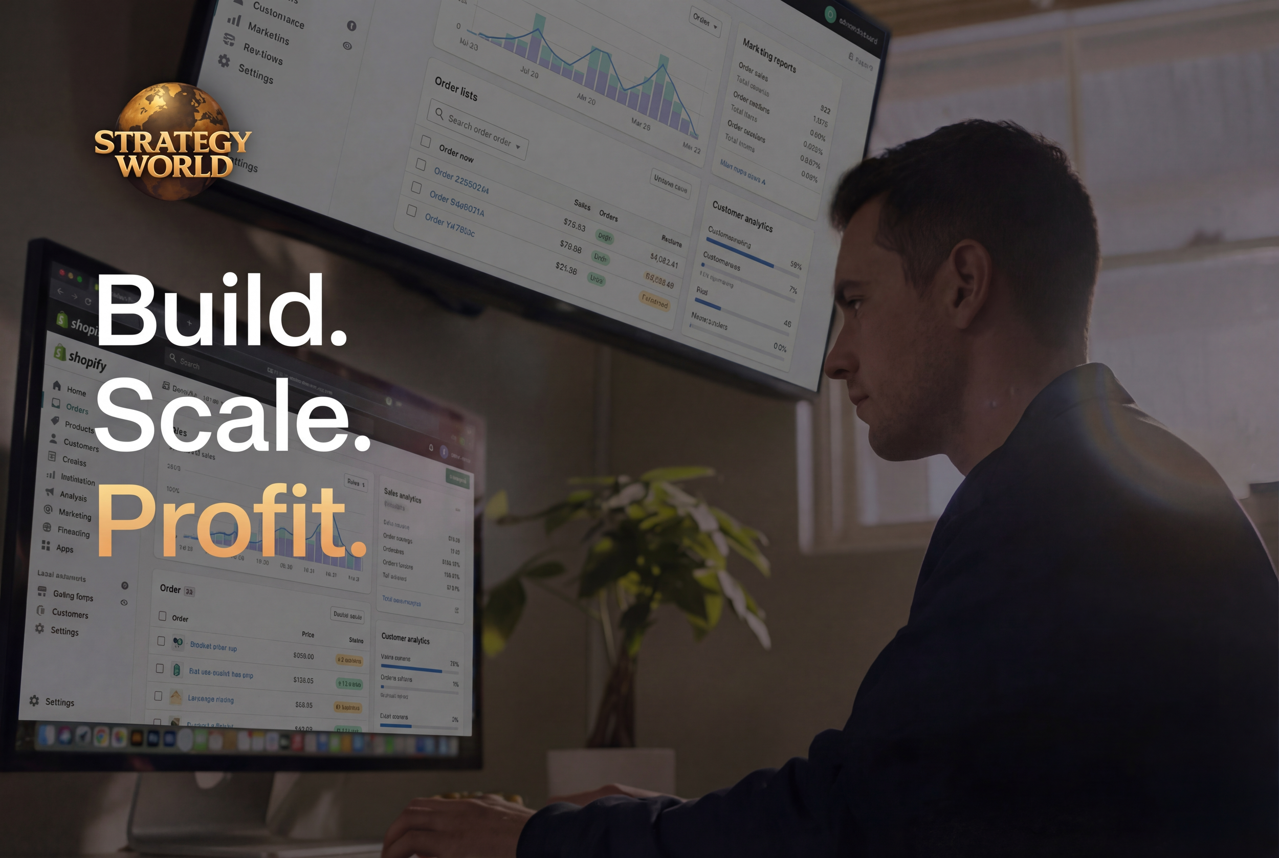 A man is working at a dual-monitor computer setup, with the main monitor displaying analytics and sales data, charts, and graphs, and a smaller monitor showing Shopify dashboard. Overlaid on the image is the text 'Build. Scale. Profit.' with the logo "Strategy World".
