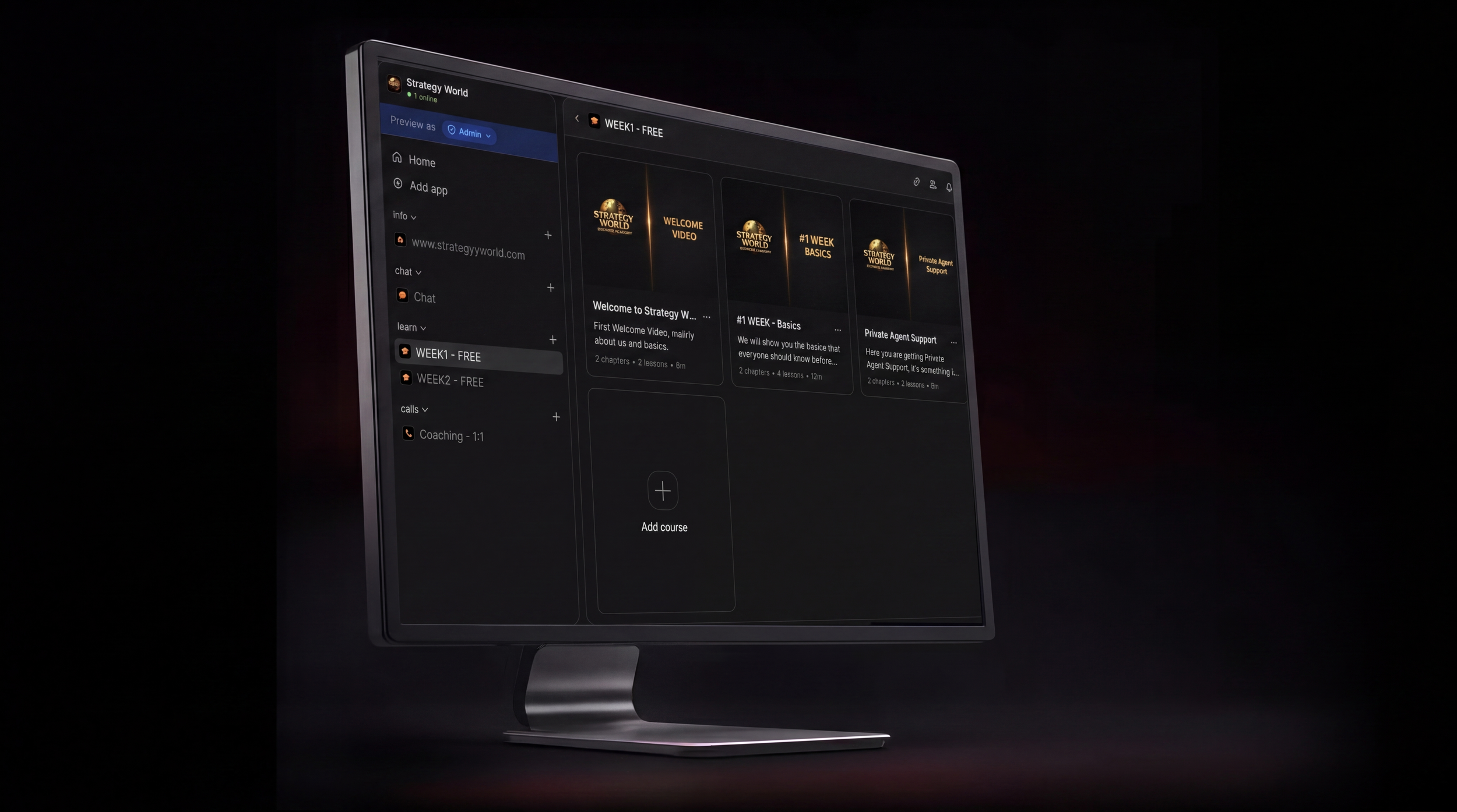 A computer monitor displaying an online course platform named Strategy World, showing course modules like Welcome Video, Basics, and Support, with a dark interface and the monitor set against a dark background.