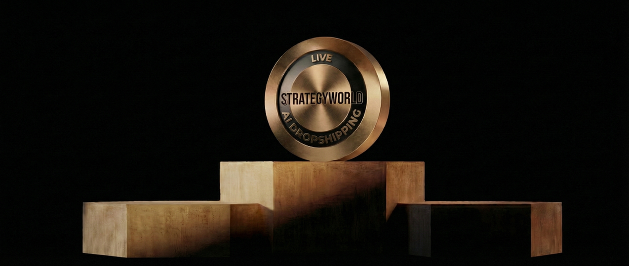 A circular award or medal with the words "LIVE ADROPSHIPPING" and "STRATEGYWORLD" engraved on it, placed on a wooden platform against a black background.