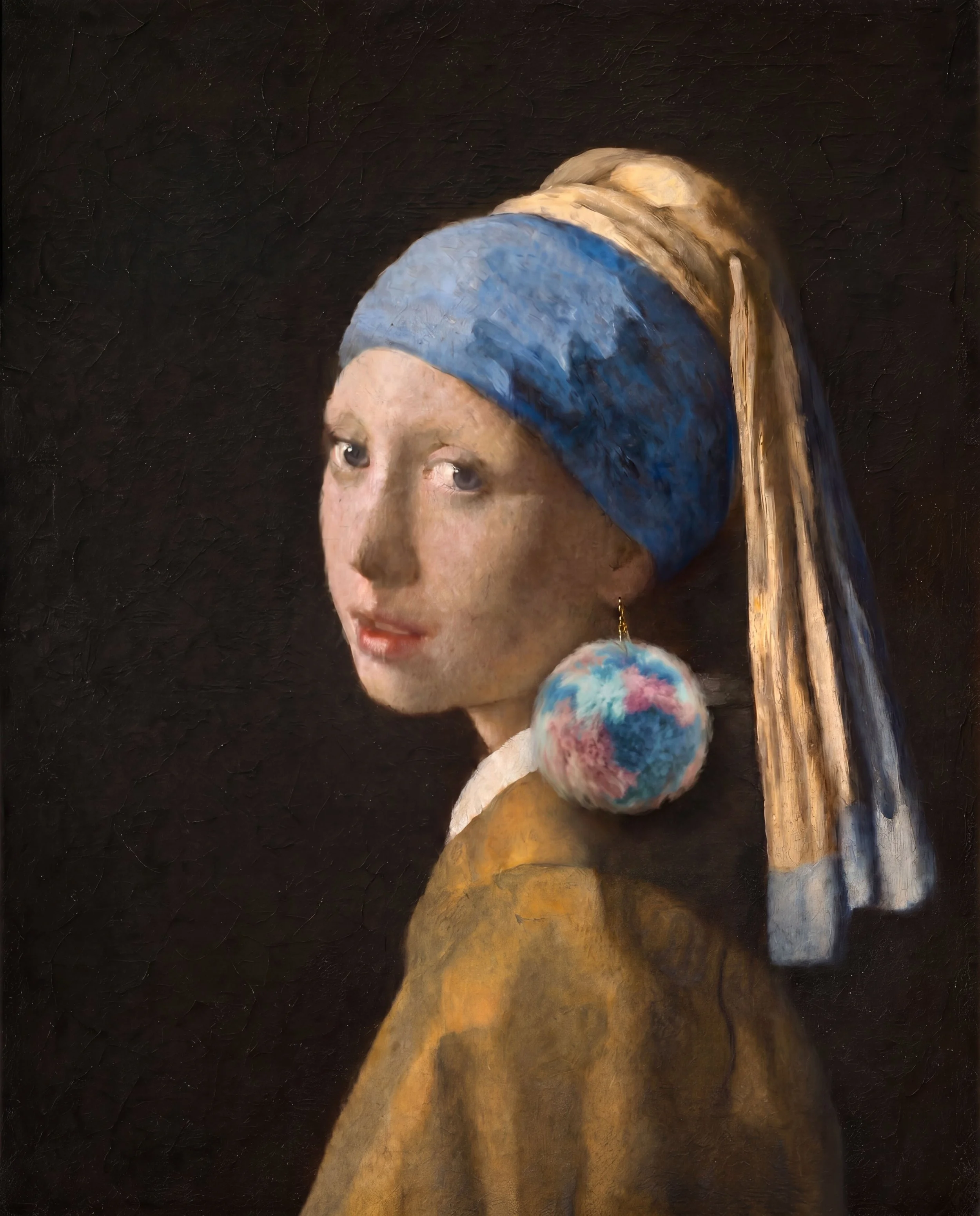 Close-up of a woman with a headscarf, looking slightly to the side, with a black textured background.
