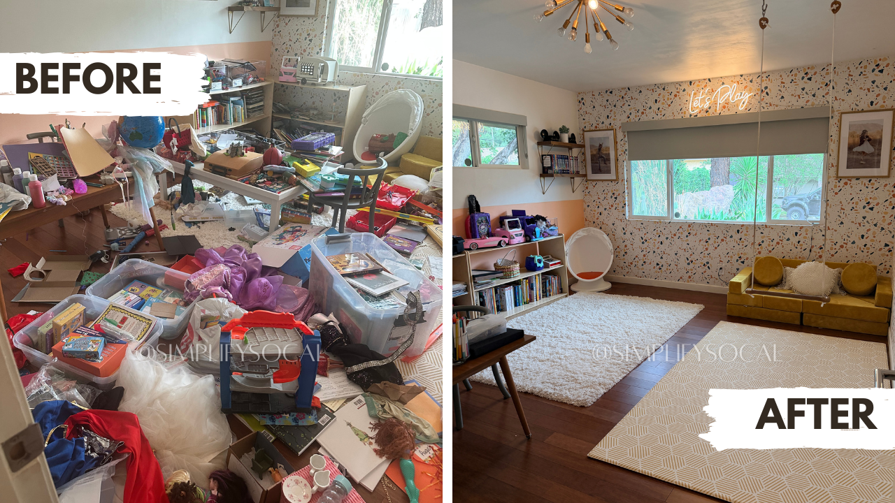 side by side pictures of a playroom, before organizing and after