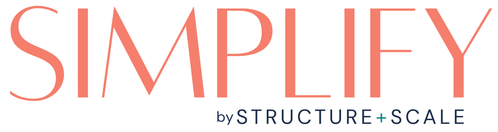The image contains the logo for 'Simplify by Structure + Scale' with the word 'SIMPLIFY' in large, pink, uppercase letters and the smaller text 'by STRUCTURE + SCALE' underneath.