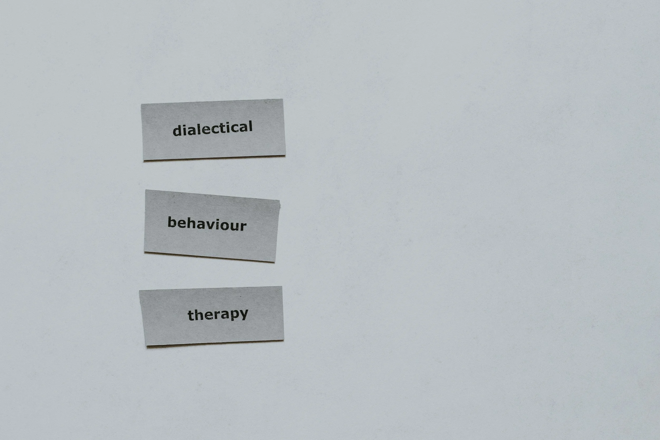 Three paper cutouts with the words "dialectical," "behaviour," and "therapy" on a plain white background.