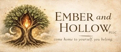 Logo for Ember and Hollow PLLC with a tree that has a flaming torch as its trunk, a crescent moon, and stars in the background. Text reads, "Ember and Hollow PLLC" and "come home to yourself. you belong."